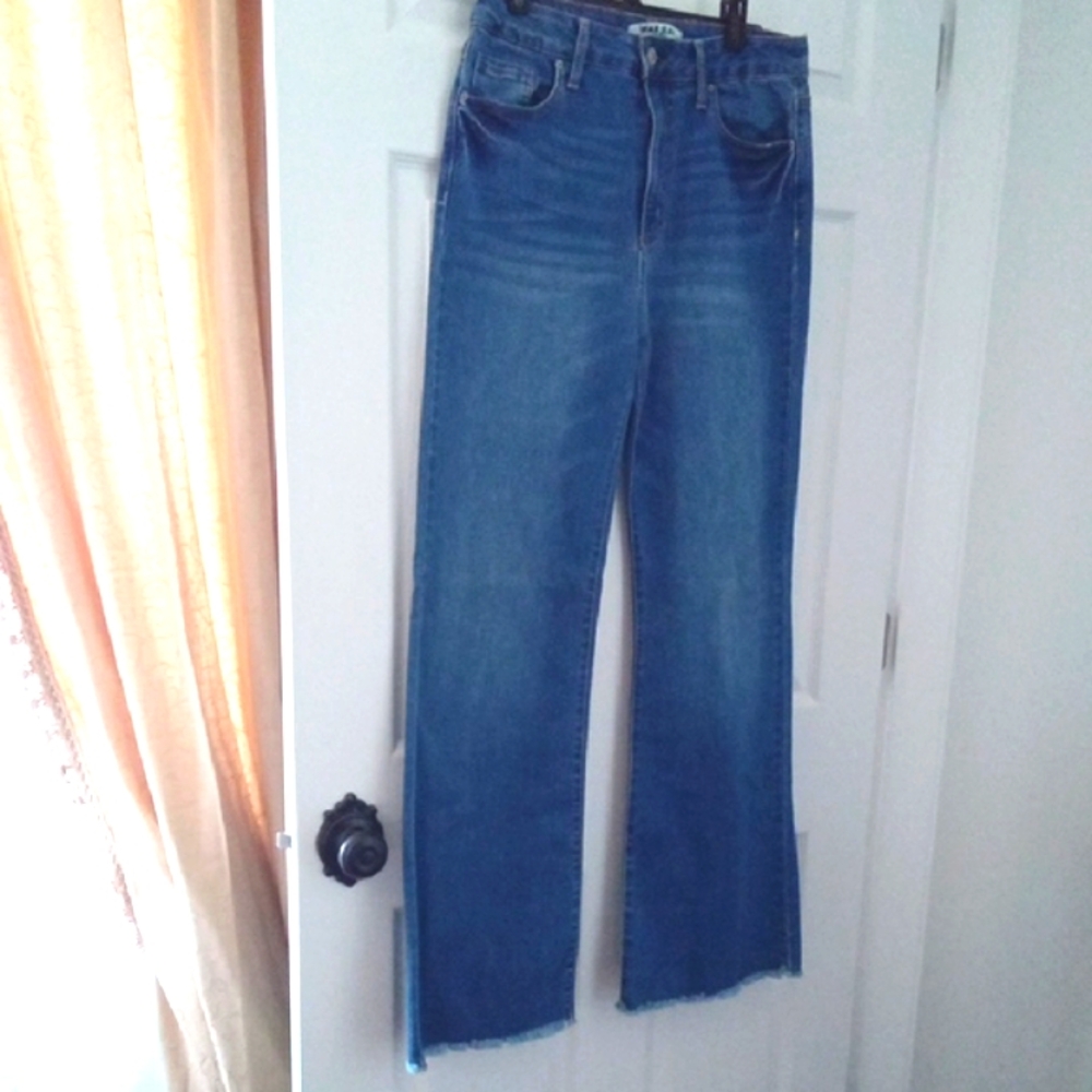 Wax Jean High Rise Wide Leg Medium Wash Denim with Distressing and Raw Hem